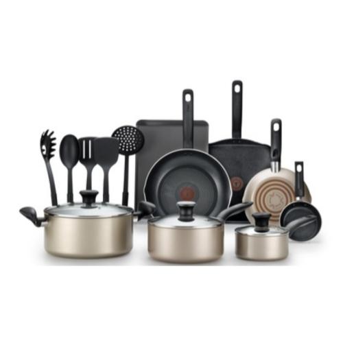 T-Fal Bateria de Cocina Culinare Champagne, 16 Piezas, Negro/Champan - incluye Ollas/Cazo/Sarten/Plancha/Bandeja/Utensilios