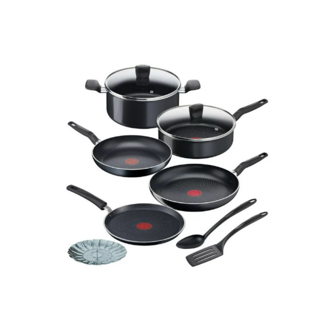 T-Fal Batería de Cocina Start Easy, Aluminio, Antiadherente, 10 Piezas, Negro