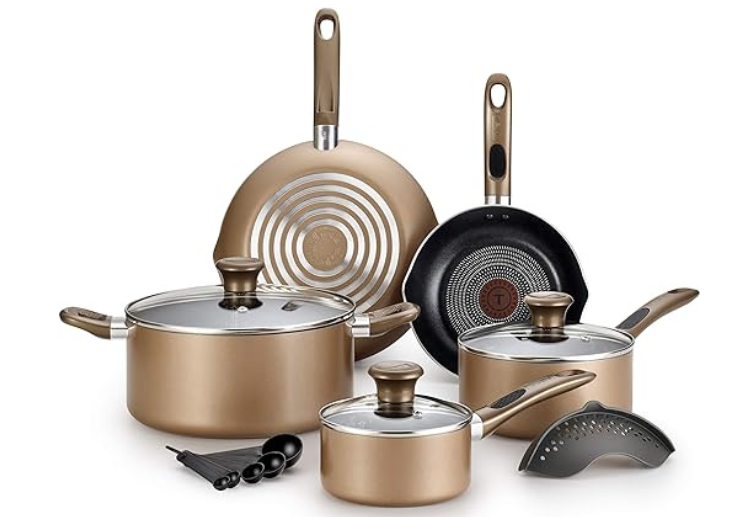T-Fal Batería de Cocina Excite ProGlide, Aluminio, Antiadherente, 14 Piezas, Bronce